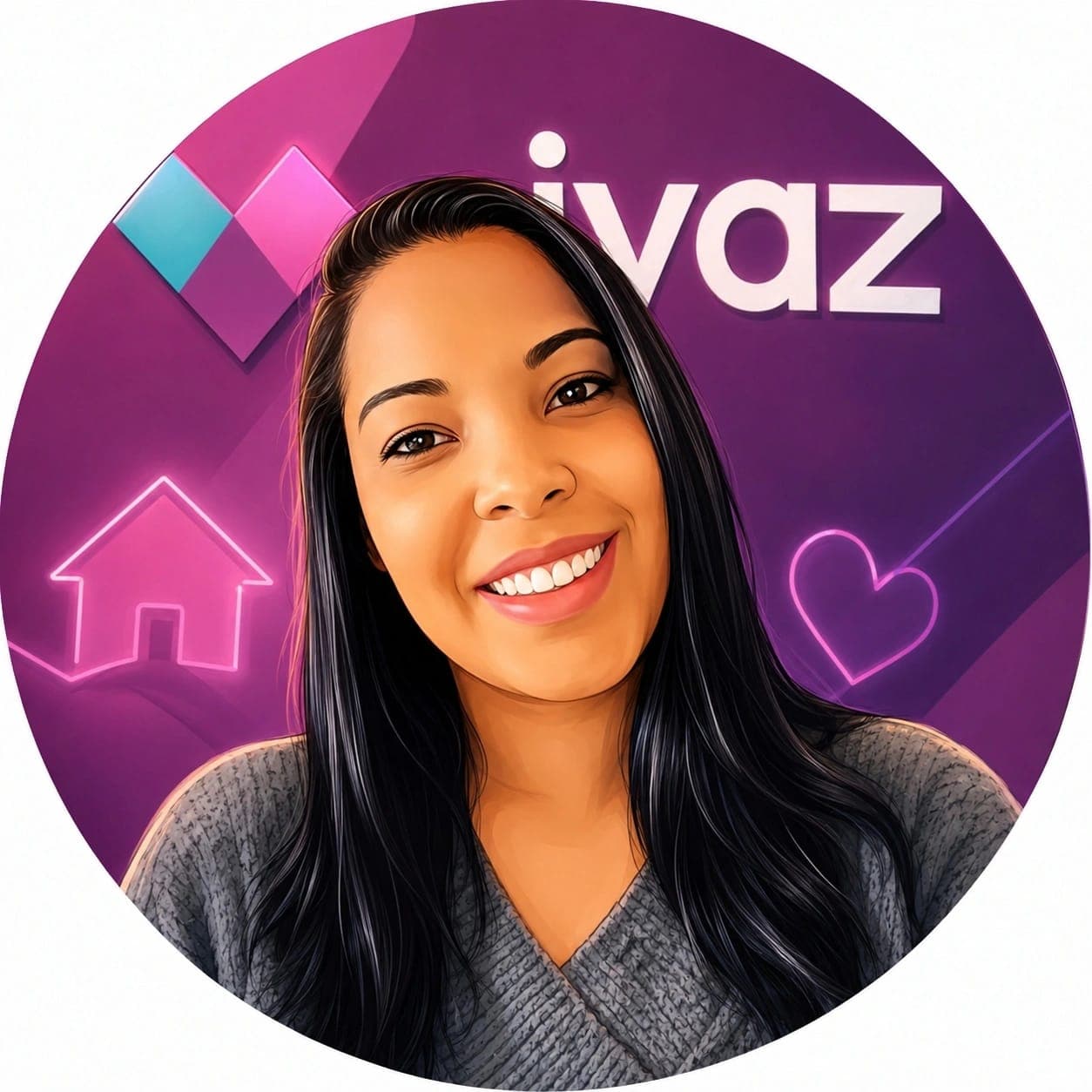 Ilustração de perfil com o rosto de uma mulher sorrindo sobre fundo roxo.